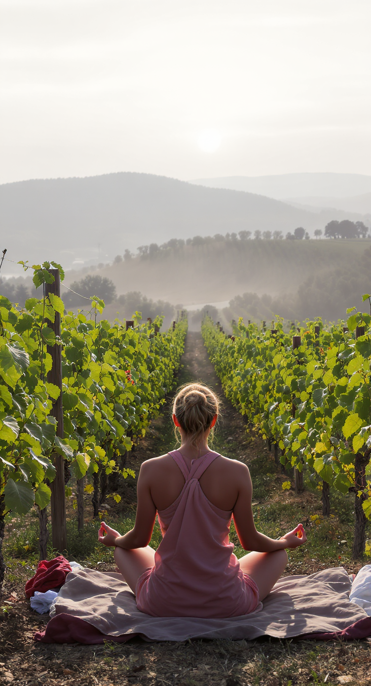 Person meditating in a vineyard with mountains in the background